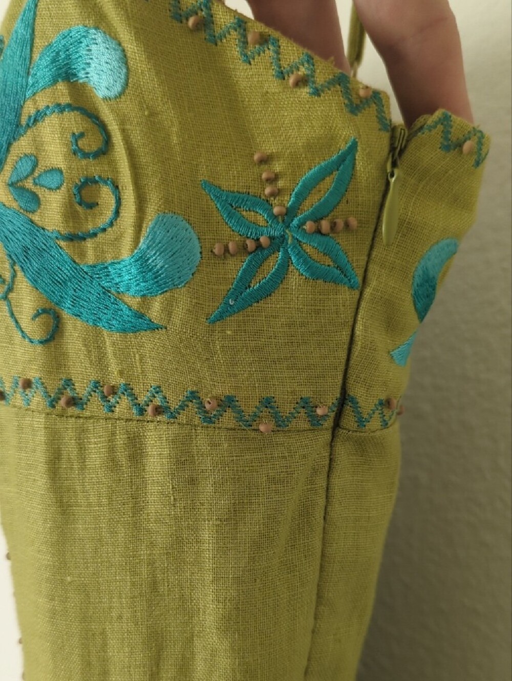 Y2K Sue Wong Linen Spaghetti Strap Dress with Floral Embroidery & Wood Beads - Picture 5 of 17